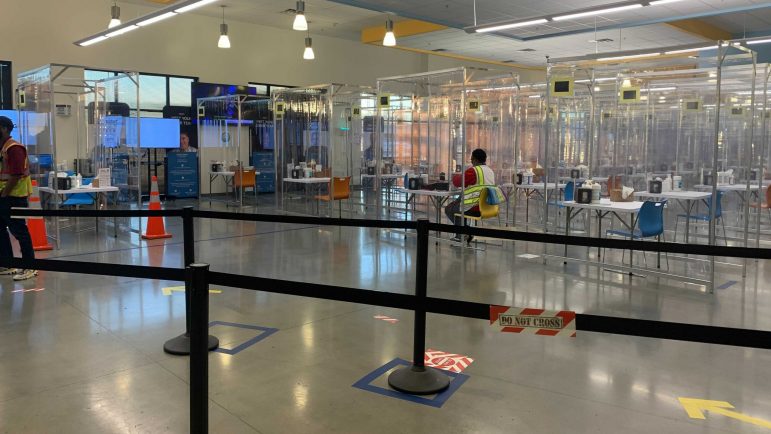 To adjust to COVID-19 protocols, the Amazon Bessemer facility has created socially distanced cubicles where workers take their breaks.