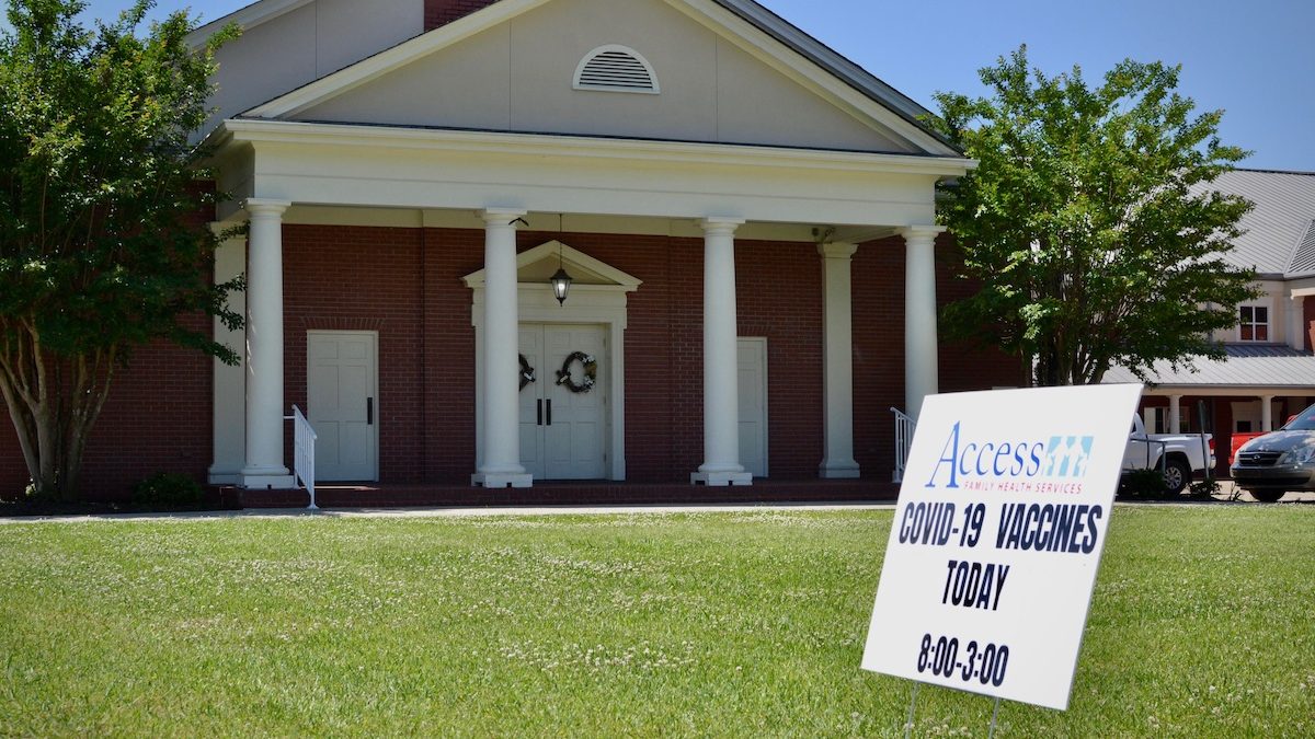 A sign outside a vaccination event in Meadowood Baptist Church in Amory, Miss.