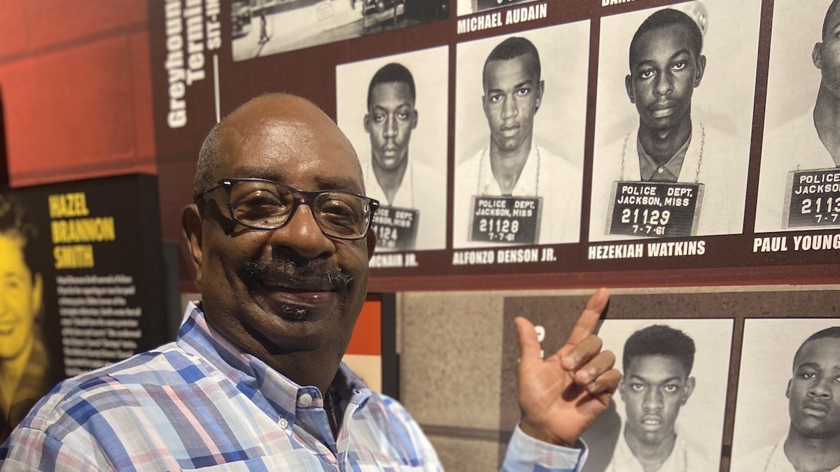 Hezekiah Watkins, a civil rights activist and Freedom Rider, points to his mugshot in the Mississippi Civil Rights Museum. He was 13-years-old when he was arrested and taken to Parchman Penitentiary.