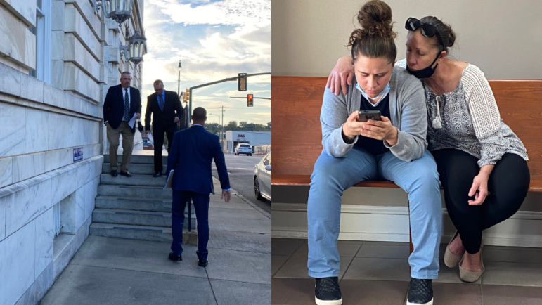George Morris, left, a retired Rainbow City police officer, leaves the federal courthouse in Anniston, Ala., with two former colleagues. Tiara Helm sued Morris for shocking her with a Taser after she was having seizures in 2015. On the right, Tiara Helm and her mother, Michelle, await a verdict on the fourth day of the civil trial in October.