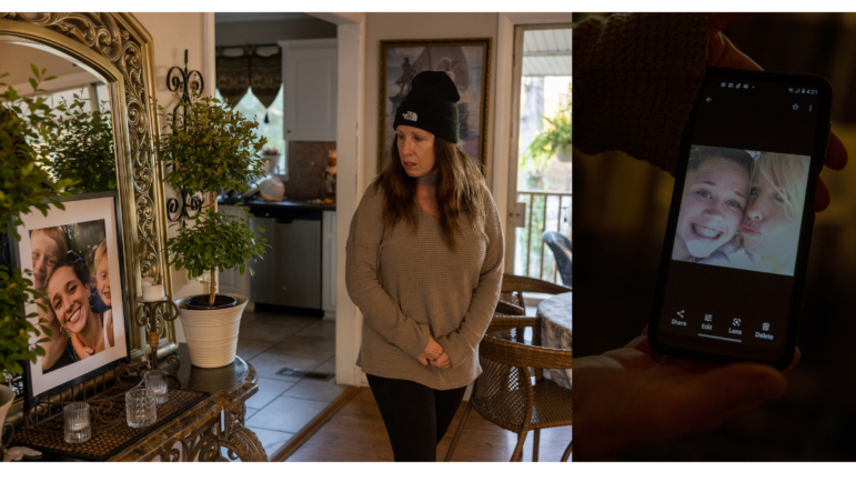 On the left, Michelle Helm walks by a family photo inside her Alabama home. Helm raised five children, including Tiara, after her husband died. On the right, Michelle Helm displays a photo of herself and her daughter Tiara as a teenager. Tiara says she felt despair and anger after a violent interaction with police in Rainbow City, Ala.