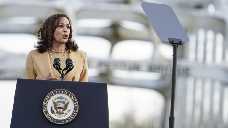 Vice President Kamala Harris speaks near the Edmund Pettus Bridge in Selma, Ala., on the anniversary of "Bloody Sunday," a landmark event of the civil rights movement, Sunday, March 6, 2022. (AP Photo/Brynn Anderson)