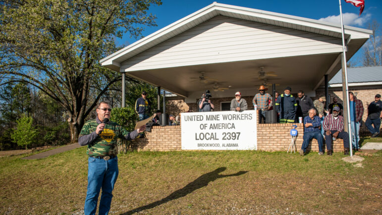 Local United Mine Workers of America organizer Larry Spencer speaks to the gathered striking miners at a union rally.