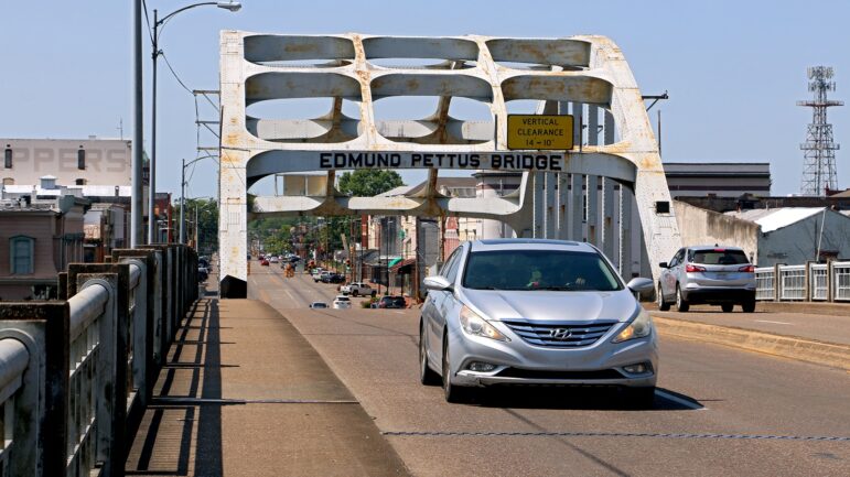 The Edmund Pettus Bridge and a view of downtown Selma.