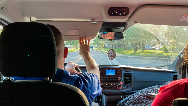 Nurse Shane Pierce drives the vanpool from Mobile, Alabama to the Biloxi VA Medical Center in Mississippi to make it in time for the 7:30 a.m. shift.