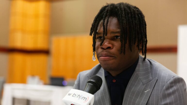 Jackson State University’s Travis Hunter answers questions during the Southwestern Athletic Conference media day event in Birmingham, Alabama, July 21, 2022.