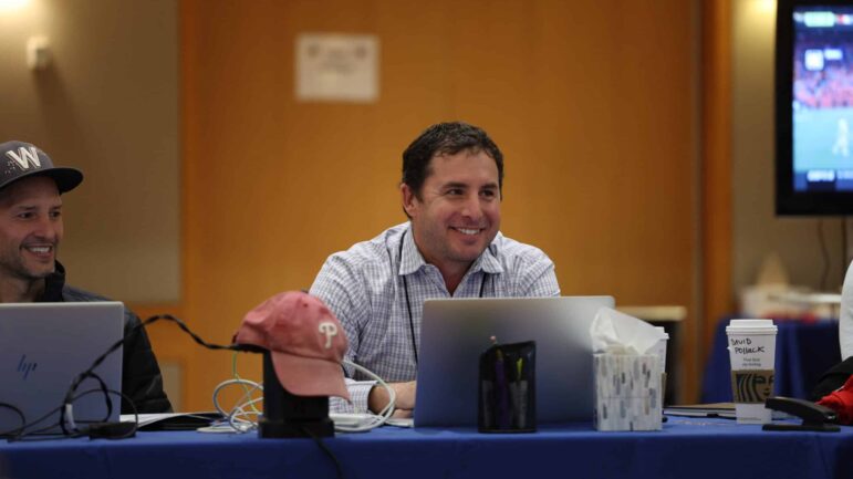 ESPN College GameDay coordinating producer Drew Gallagher listens during a production meeting, Oct. 7, 2022.