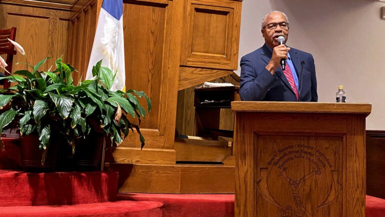 Rev. Wheeler Parker Jr. speaks during the opening program for “Emmett and Mamie Till Mobley: Let the World See” at the 16th Street Baptist Church, Nov. 19, 2022.