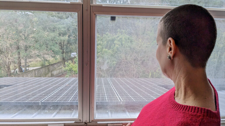 Lea Campbell looks at her solar panels from an upstairs room in her Ocean Springs, Mississippi home, December 17, 2022.