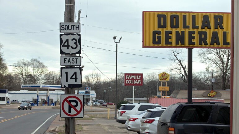 A Dollar General and Family Dollar sit about 500 feet apart in Eutaw, Alabama. 