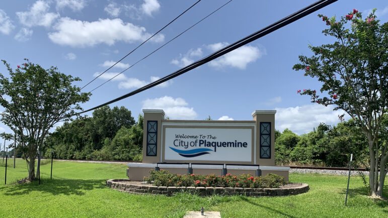 A sign welcomes visitors to Plaquemine, Louisiana on July 19, 2023. The city is located about 15 miles outside of Baton Rouge.