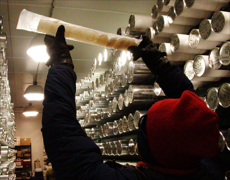 A piece of ice core taken from above Lake Vostok, a remote region of Antarctica. Ice cores are used to study levels of heat-trapping greenhouse gasses, including CO2, that were present in Earth’s atmosphere going back as far as 800,000 years. Together, with foraminifera shells, researchers can link temperature changes to CO2 levels.