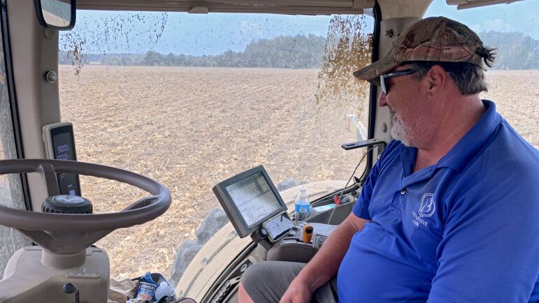 Steven Franklin breaks up a thick layer of compacted soil called “hardpan” with his tractor in Crowville, Louisiana, on August 25, 2023.