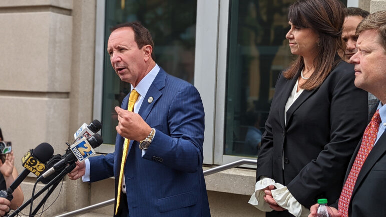 In this file photo, Louisiana Attorney General Jeff Landry addresses the media on July 18, 2022.