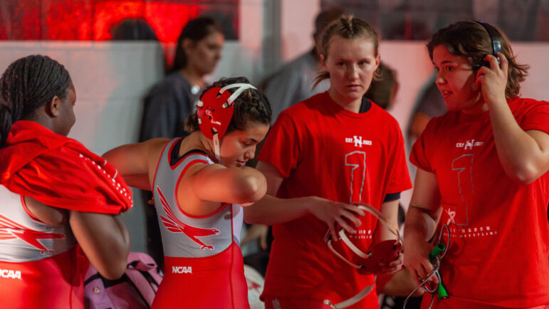 Wrestlers from the Huntingdon Hawks women's wrestling team get ready to kick off the season in an intra-squad scrimmage on Saturday, Oct. 14, 2023, at Huntingdon College in Montgomery, Alabama.
