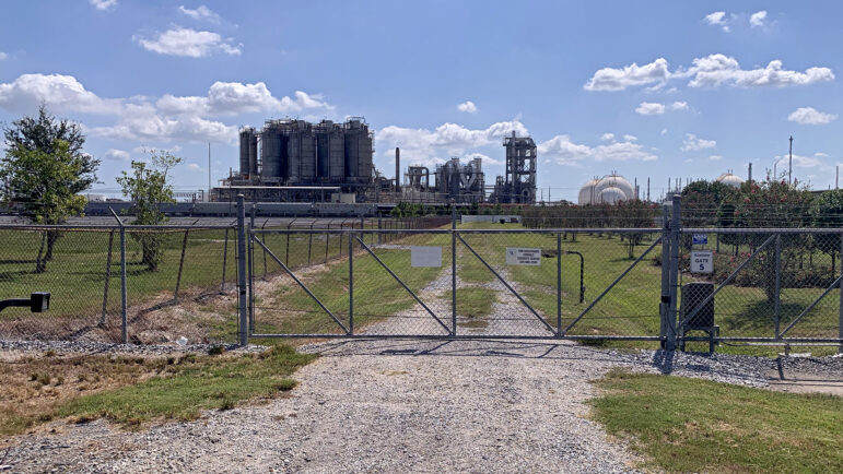 An electronic security gate blocks access to the Revilletown cemetery in Plaquemine, Louisiana, on September 6, 2023.