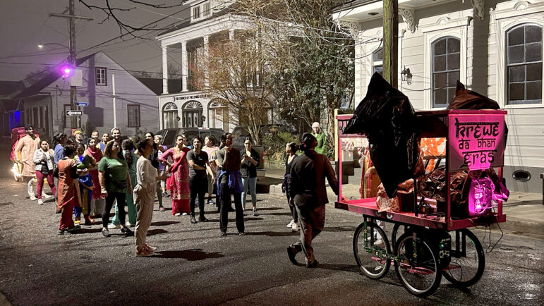 Krewe da Bhan Gras marches around the Caribbean Community Center in New Orleans on Wednesday, Jan. 24, 2024, for the group’s final dress rehearsal ahead of parade day.