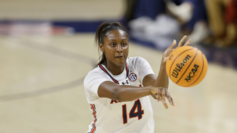 Auburn's Taylen Collins (14) on offense during the first half of an NCAA basketball game against California on Friday, Nov. 17, 2023, in Auburn, Ala.