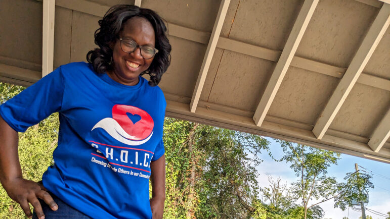 Emefa Butler speaks at the C.H.O.I.C.E. House in Uniontown, Alabama, on Aug. 26, 2023 — the day of its opening.