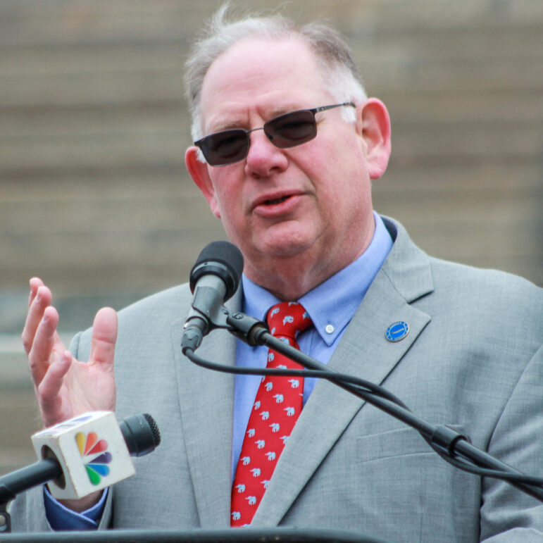 Dan Hawkins, Speaker of the Kansas House of Representatives, speaks at a rally at the Kansas Statehouse in Topeka on January 24, 2024.