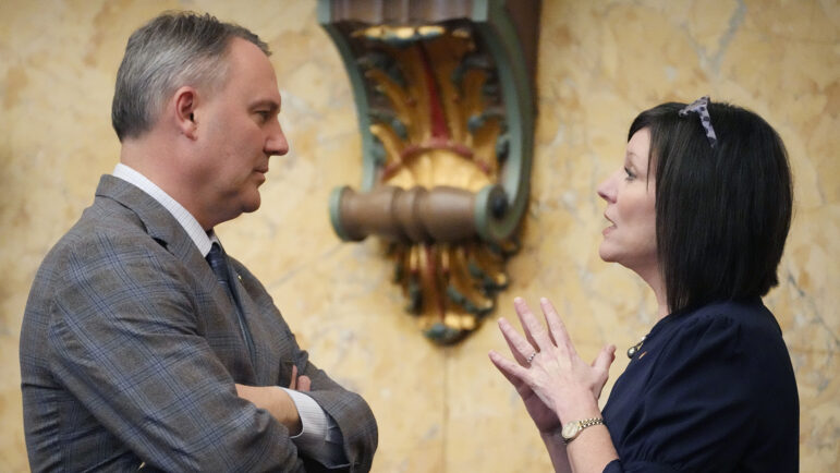 Mississippi House Medicaid Committee Chairman Rep. Missy McGee, R-Hattiesburg, right, gestures as she confers with House Speaker Rep. Jason White, R-West, at the state Capitol in Jackson, Miss., Thursday, May 2, 2024.