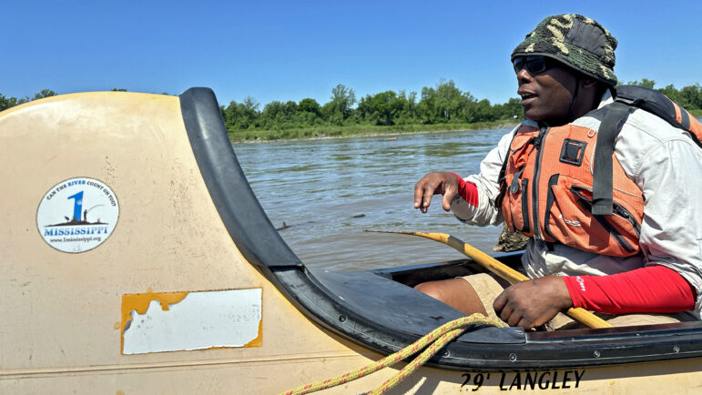 Mark “River” Peoples, a river guide with the Quapaw Canoe Company, leads a group of kids on their canoeing trip in Helena, Arkansas, on Saturday, May 11, 2024.