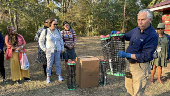 Stephen Moeller, of RioVation, demonstrates how his company’s equipment uses microorganisms to treat waste on Monday, October 28, 2024, in Tyler, Alabama.