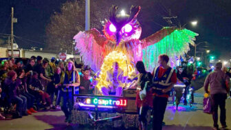The Superb Owl, the icon for Chewbacchus’ theme for its 2025 parade, rolls down St. Claude Avenue in New Orleans on Saturday, February 1, 2025. Emmy-nominated actor Mark Proksch — known for his role as Colin Robinson, the notorious energy vampire, in FX’s hit series What We Do in the Shadows — is seated in the float as the parade's grand marshal.