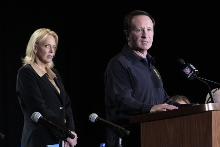 Louisiana Gov. Jeff Landry speaks in front of NFL Chief Security Officer Cathy Lanier during a news conference Monday, Feb. 3, 2025, about security for the upcoming Super Bowl to be played Sunday, Feb. 9th, in New Orleans.
