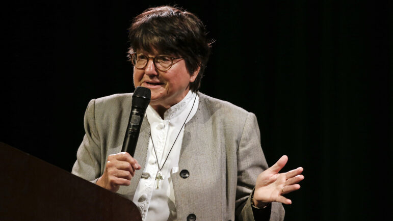 In this file photo, Sister Helen Prejean, famous for the book "Dead Man Walking" about her work with death row inmates, speaks at Belmont University Wednesday, Sept. 23, 2015, in Nashville, Tenn.