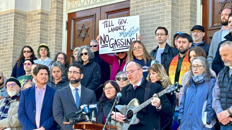 The group Jews Against Gassing Coalition hold a rally protesting Louisiana's use of nitrogen gas in executions on the steps of Touro Synagogue in Uptown New Orleans on Monday, Feb. 17, 2025.