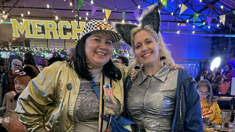 Aryanna Gamble: Overlord, Space Goddess Snackagawea, First of Her Name, Baker of Grains, Mother of Scruffy Nerfherders (left) and Simonette Berry: Overlord Apocalypse Meow (right) at the Chewbacchus throw swap in New Orleans on Friday, January 24, 2025.