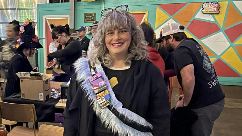 Deanna Larmeu, founder of the Starfleet Steppers dance troupe, stands next to throws of communicators and Tribbles from the Star Trek TV series in New Orleans on Friday, January 24, 2025.