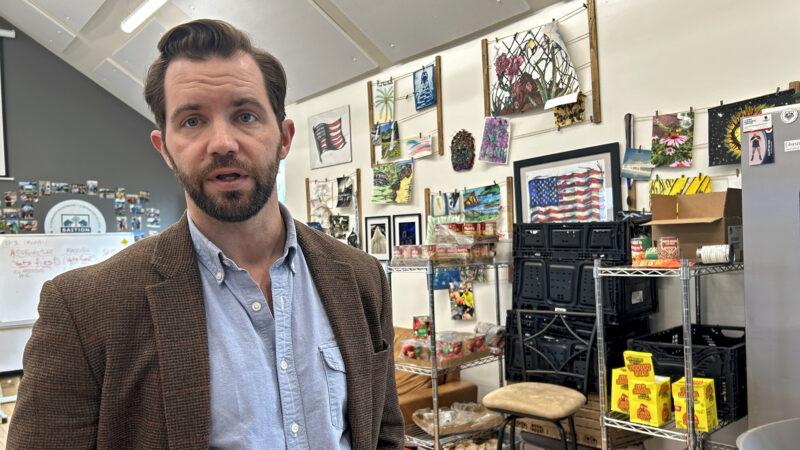 Jackson M. Smith speaks to a reporter in a common room at Bastion, a community for injured veterans in New Orleans, on Jan. 17, 2025 .