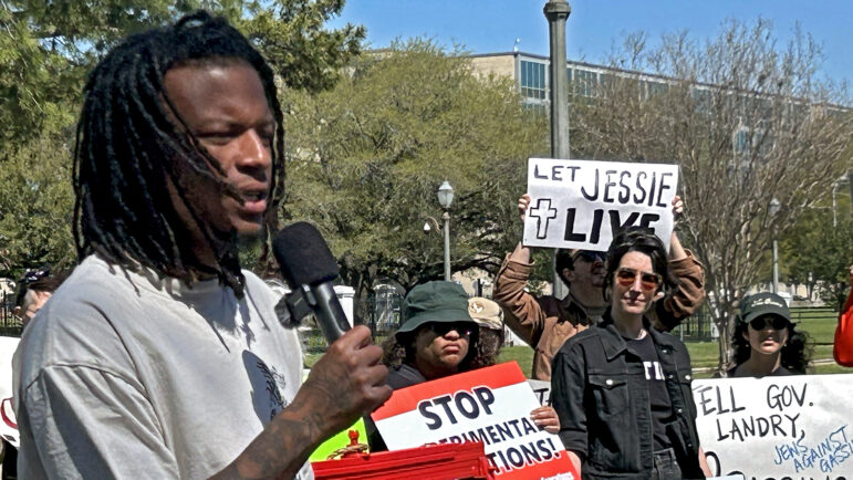 Jessie Hoffman's son, Jessie Smith, speaks to supporters at a rally against Hoffman's execution in Baton Rouge, Louisiana, on Sunday, March 16, 2025.