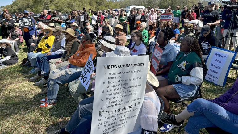 More than 100 people rally across the street from the Louisiana Governor's Mansion on Sunday, March 16, 2025, in Baton Rouge, to oppose the state's planned execution of Jessie Hoffman Jr.