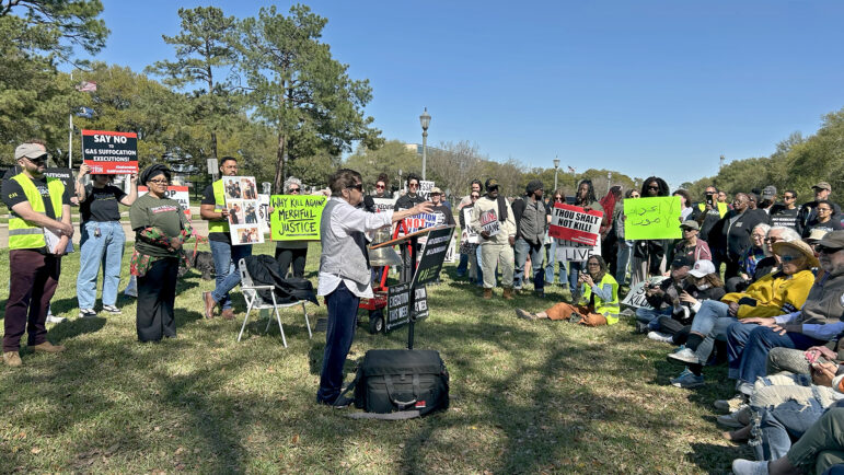 Nationally known death penalty opponent Sister Helen Prejean speaks to people opposing Jessie Hoffman Jr.'s execution at a rally outside of the Louisiana Governor’s Mansion on Sunday, March 16, 2025, in Baton Rouge.