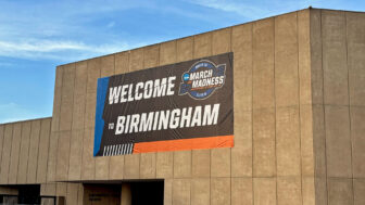 A banner hanging on the Birmingham Jefferson Convention Center welcome fans to the NCAA Women’s Basketball Tournament Regional in Birmingham, Alabama, on March 27, 2025.