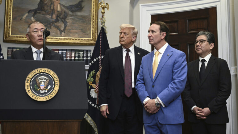 Chung Eui-sun, Hyundai Motor Group executive chairman, from left, speaks as President Donald Trump, Louisiana Gov. Jeff Landry and Hyundai Motor Company CEO Jaehoon Chang look on in the Roosevelt Room of the White House in Washington, Monday, March 24, 2025.