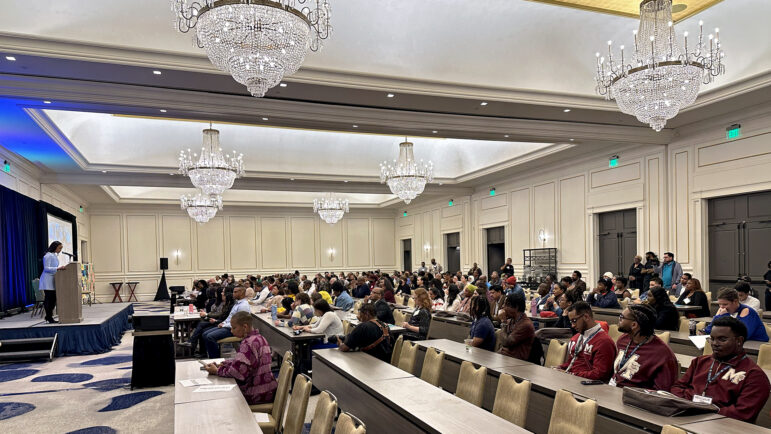 Students listen as Dr. Danielle Wright speaks during the 10th HBCU Climate Change Conference in New Orleans on Wednesday, March 5, 2025.