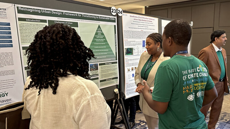 Attendees at the 10th HBCU Climate Change Conference look at posters created by students based on their projects on Saturday, March 8, 2025 in New Orleans.