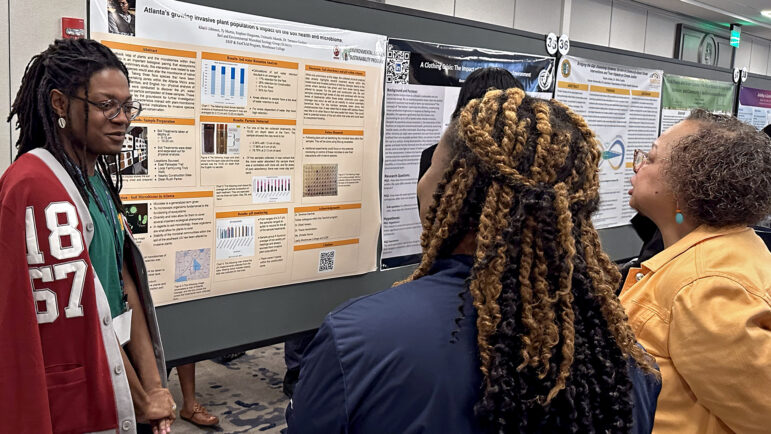 Khalil Johnson, a student at Morehouse College, presents his findings on Atlanta's growing invasive plant population during the 10th HBCU Climate Change Conference in New Orleans on Saturday, March 8, 2025.