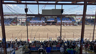 The crowd awaits the next event in the arena at the Angola Prison Rodeo held at Louisiana State Penitentiary in Angola, Louisiana, on April 26, 2025.