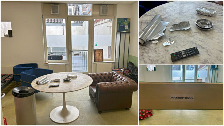 A safe consumption room in Amsterdam on Tuesday, March 11, 2025.. The sign translates to “drugs should be allowed.”