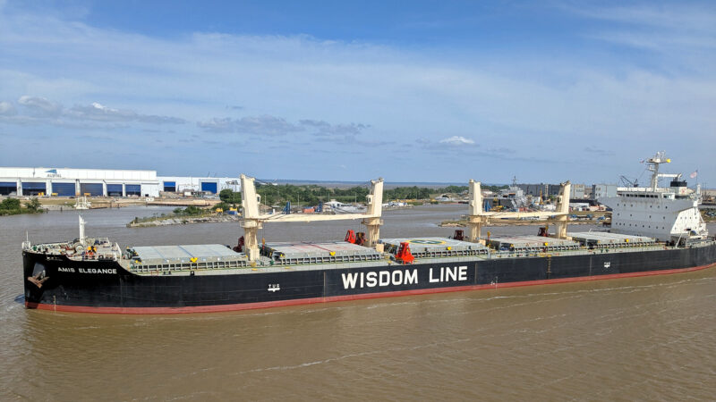 A ship moves through the Mobile Channel in Mobile, Alabama, on May 2, 2025.