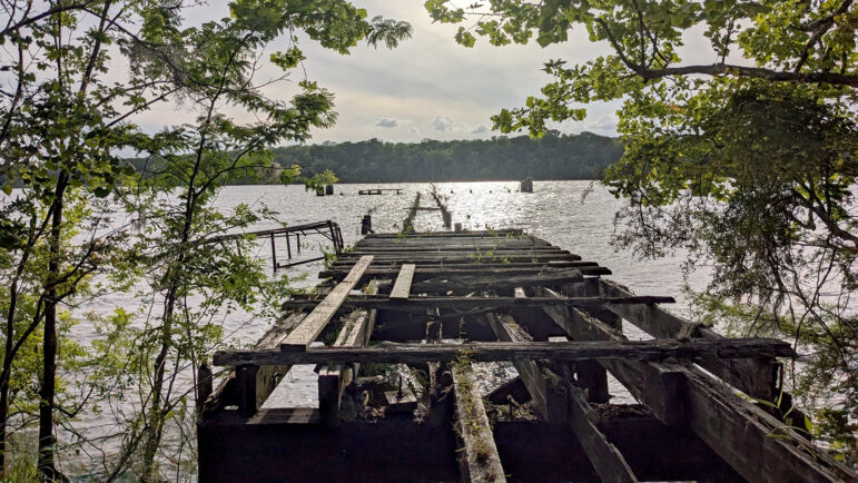 A view of all that remains of the Ghost Fleet dock, which is falling apart, in Mobile, Alabama, on May 2, 2025.