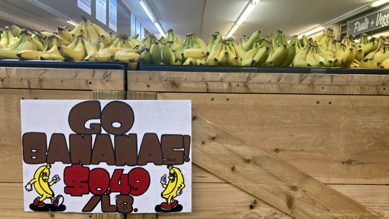 A sign advertises fresh bananas for 49 cents per pound at Wright’s Market in Opelika, Alabama, on July 17, 2025.