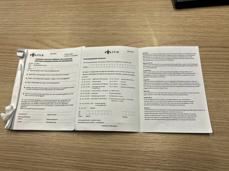 Dutch police officer Bob Blankenzee’s citation booklet, which includes public nuisance violations such as “open use of hard drugs,” “panhandling” and “public drunkenness” in Amsterdam, Netherlands, on Tuesday, March 11, 2025.