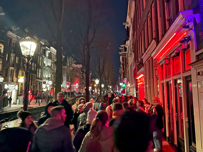 The Red Light District in Amsterdam by night on Friday, March 14, 2025. Crowds of tourists pack the narrow streets most nights.