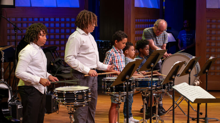 Children learn how to read music and play drums at The Ellis Marsalis Center for Music in New Orleans’ Musicians’ Village, on Thursday, July 6, 2023.